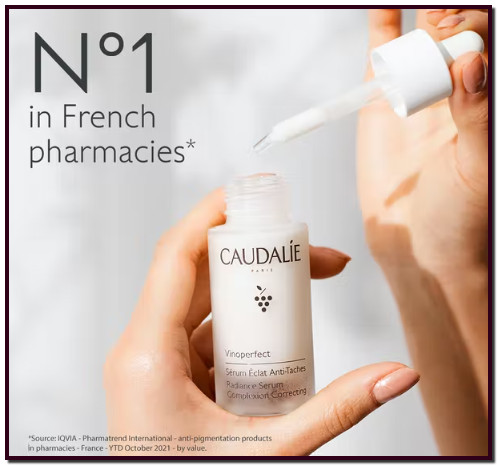 CAUDALIE Sérum Resplandor Antimanchas Vinoperfect. ¿Qué es? A la vez eficaz y muy respetuoso con la piel, el Sérum Resplandor Antimanchas corrige las manchas, previene su aparición y proporciona luminosidad al cutis. Actúa sobre todo tipo de manchas (solares, acné, melasma, edad) y es adecuado para todo tipo de pieles, incluso las más sensibles. Fórmula: 98% de ingredientes de origen natural Probado dermatológicamente No comedogénico, no fotosensibilizador Oil free Vegano Resultados visibles -63% pigmentación de las manchas*