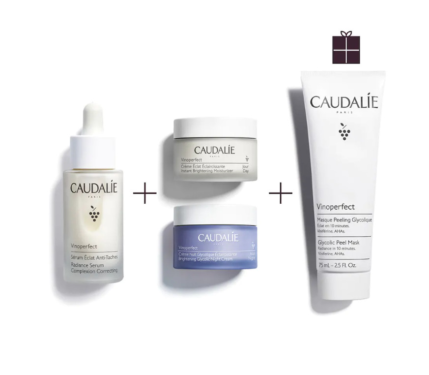 CAUDALIE Ritual Resplandor Vinoperfect Tipo de piel : Todo tipo de pieles Necesita : Resplandor, Antimanchas Ingredientes clave : Viniferina Use : Por la mañana, a diario ¿Qué es? El ritual Vinoperfect corrige y previene la aparición de manchas para que el cutis esté visiblemente más uniforme y luminoso Este ritual incluye: nuestro best-seller, el Sérum Resplandor Antimanchas, acompañado por la Crema Resplandor Antimanchas y por la Crema Noche Glicólica Antimanchas. De regalo: tu Mascarilla Peeling Glicólico para iluminar inmediatamente tu piel