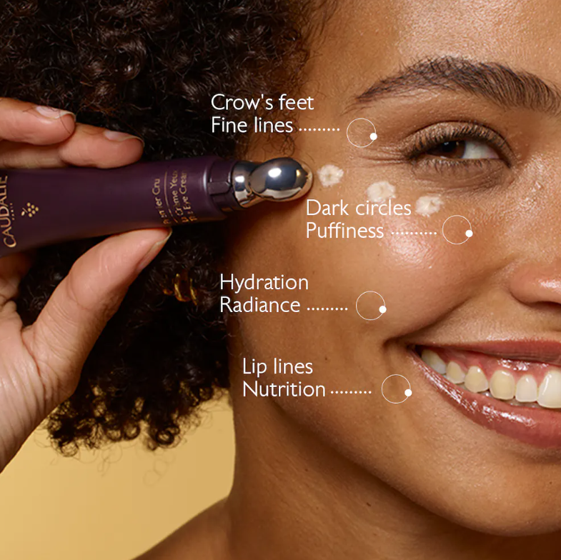 CAUDALIE El Contorno de Ojos Premier Cru  Tipo de piel : Todo tipo de pieles Necesita : Antiedad Global Ingredientes clave : Viniferina, Mezcla de nácares, TET8™ Patented Technology (Caudalie x Harvard Medical School) Textura : Crema Use : Mañana y tarde, todos los días ¿Qué es? Reforzado con la tecnología TET8™, El Contorno de Ojos Premier Cru ilumina la mirada y corrige los 8 marcadores de la edad: Patas de gallo, bolsas, arrugas de los labios, líneas de expresión, ojeras, nutrición, hidratación, luminosidad. Su cánula masajeadora descongestiona, alisa y reduce las bolsas para rejuvenecer visiblemente la mirada.