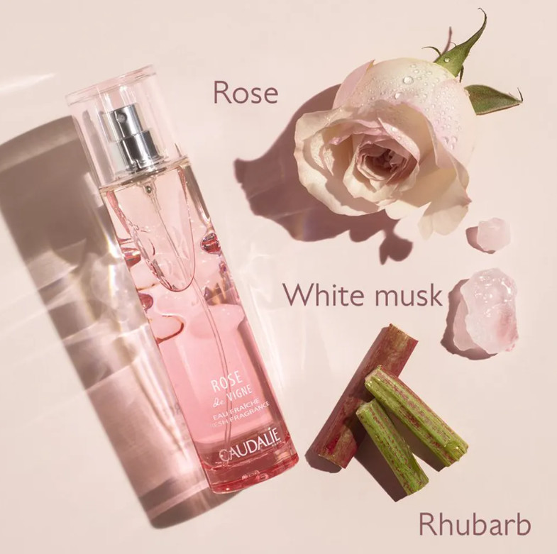 CAUDALIE Agua Fresca Rose de Vigne  Tipo de piel : Todo tipo de pieles Necesita : Perfume Ingredientes clave : Ruibarbo, Rosa, Almizcle blanco Textura : Agua Use : En cualquier momento del día ¿Qué es? El Agua Fresca Rose de Vigne es un agua perfumada particularmente suave y romántica. Su estela evoca las notas florales y el frescor vegetal de la rosa de la vid a primera hora de la mañana, cuya fragancia se mezcla con las notas ácidas del ruibarbo.
