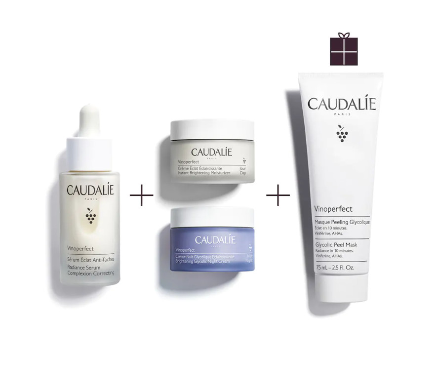 CAULADIE Ritual Resplandor Vinoperfect Tipo de piel : Todo tipo de pieles Necesita : Resplandor, Antimanchas Ingredientes clave : Viniferina Use : Por la mañana, a diario ¿Qué es? El ritual Vinoperfect corrige y previene la aparición de manchas para que el cutis esté visiblemente más uniforme y luminoso Este ritual incluye: nuestro best-seller, el Sérum Resplandor Antimanchas, acompañado por la Crema Resplandor Antimanchas y por la Crema Noche Glicólica Antimanchas. De regalo: tu Mascarilla Peeling Glicólico para iluminar inmediatamente tu piel